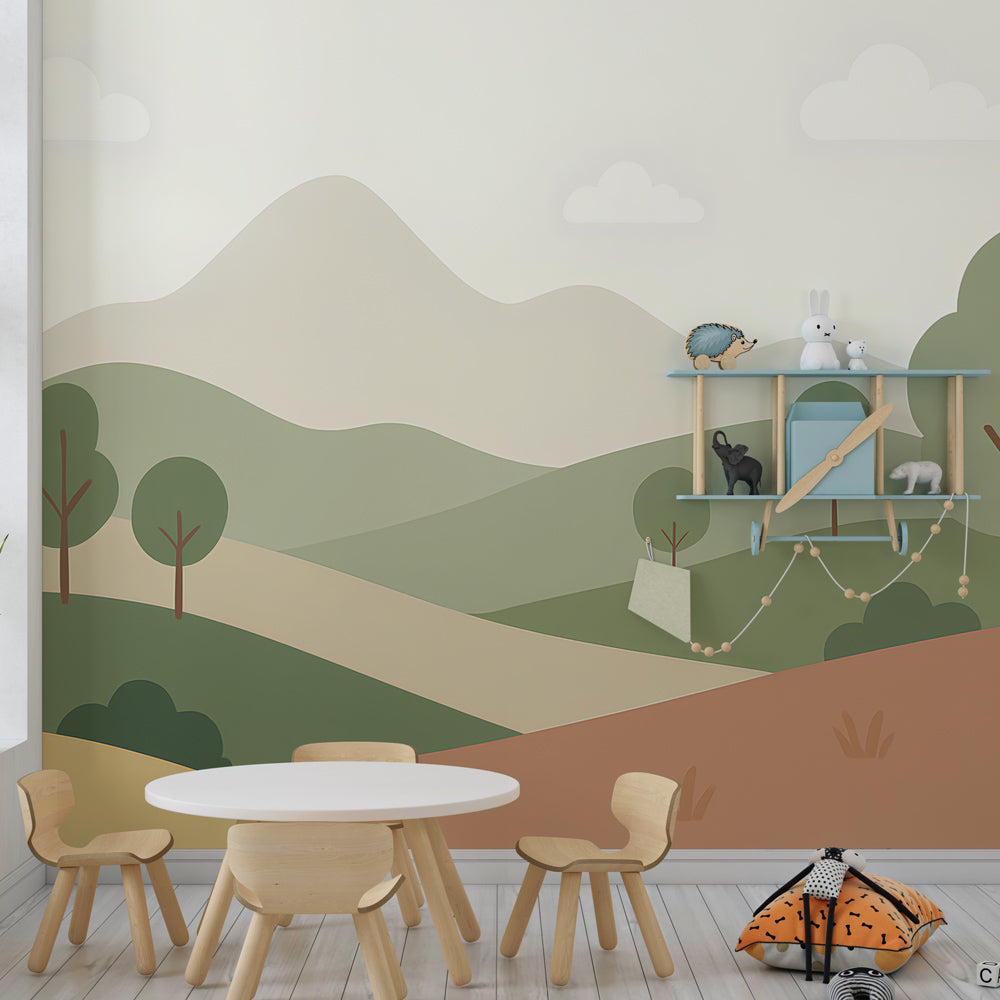 Calming landscape wallpaper featuring rolling hills in kids playroom by Kids-Mundo