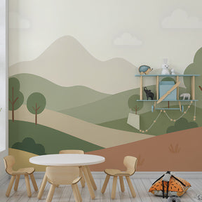 Calming landscape wallpaper featuring rolling hills in kids playroom by Kids-Mundo