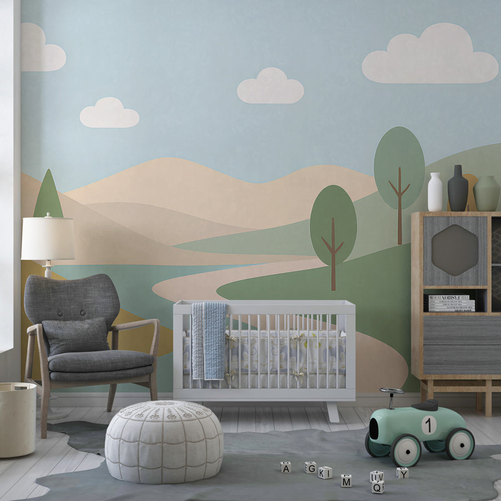 Peaceful nature mural wallpaper with soft greens and beiges in children's room decor