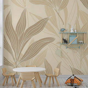Nature-inspired mural wallpaper with stylized leaves creating peaceful kids room environment by Kids-Mundo