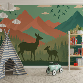 Nature-themed mural wallpaper with forest animals decorating modern kids playroom by Kids-Mundo