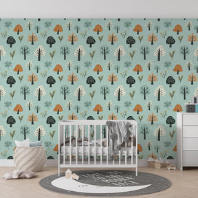 Whimsical forest and mushroom mural wallpaper installed in bright kids playroom space