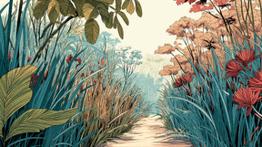 Detailed botanical nature path mural wallpaper design pattern with lush foliage by Kids-Mundo