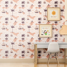 Ships and palm trees wallpaper creating peaceful nautical nursery decor with pastel colors