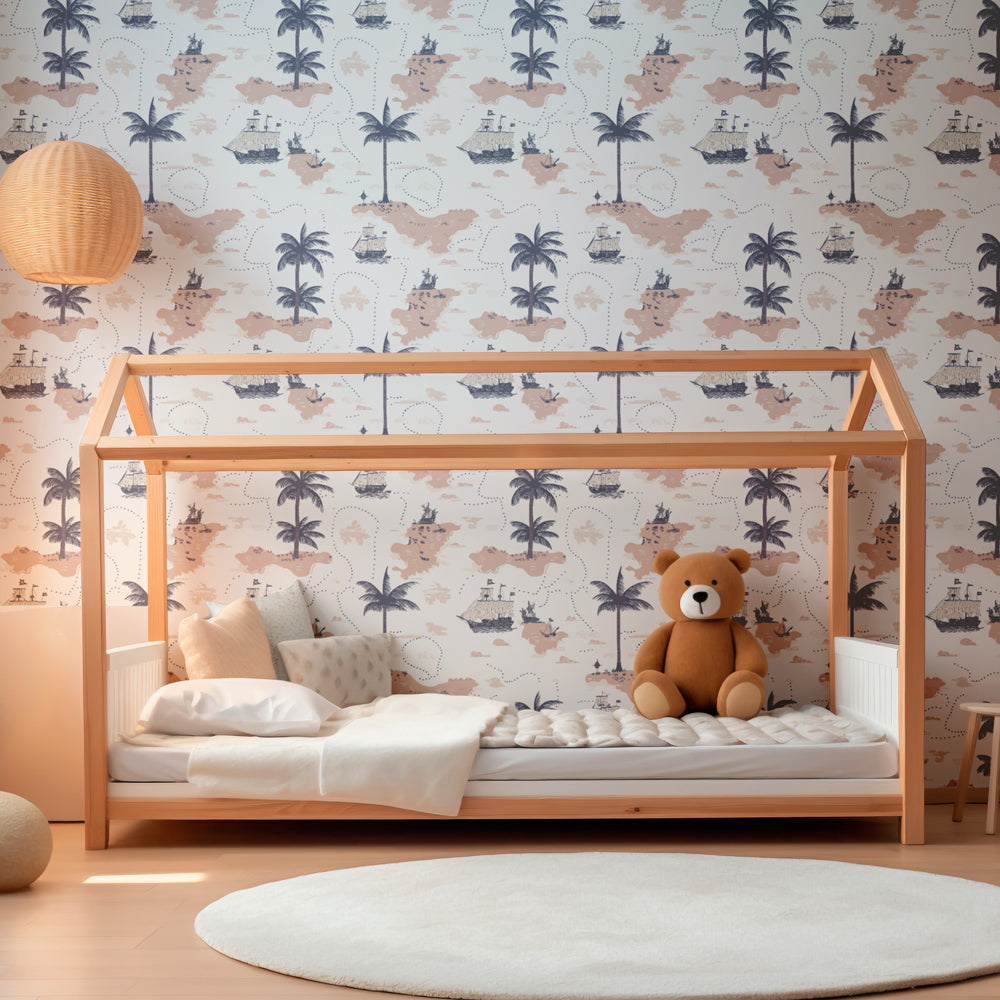 Maritime themed mural wallpaper transforming children's playroom into ocean adventure space
