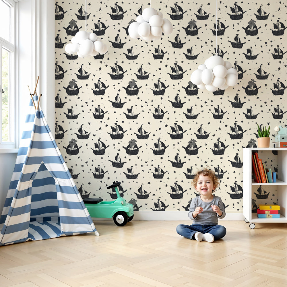 Nautical boat mural wallpaper creating maritime adventure theme in modern kids nursery by Kids-Mundo