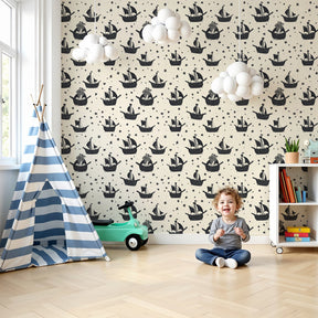 Nautical boat mural wallpaper creating maritime adventure theme in modern kids nursery by Kids-Mundo