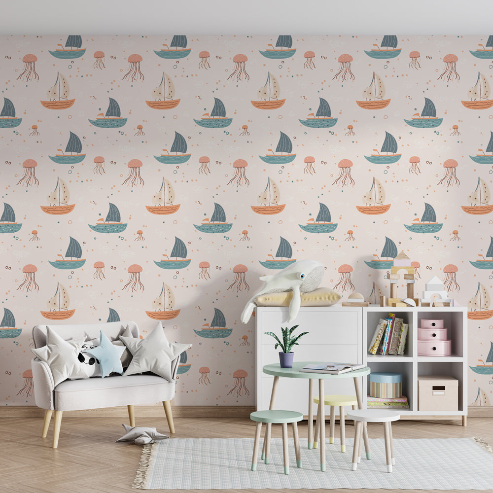 Marine adventure wallpaper transforming children's playroom into underwater world by Kids-Mundo