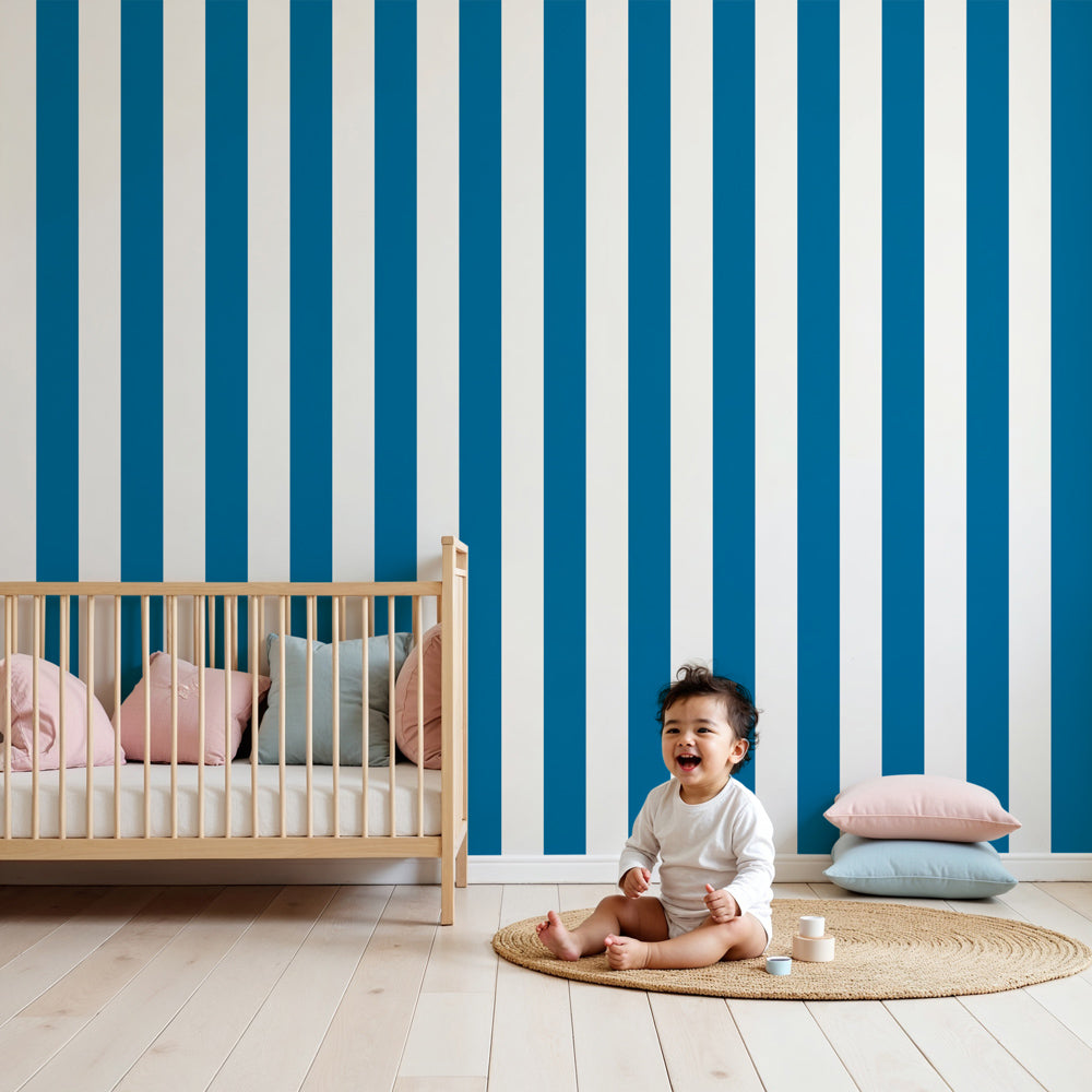 Navy blue striped mural wallpaper in elegant nursery setting by Kids-Mundo