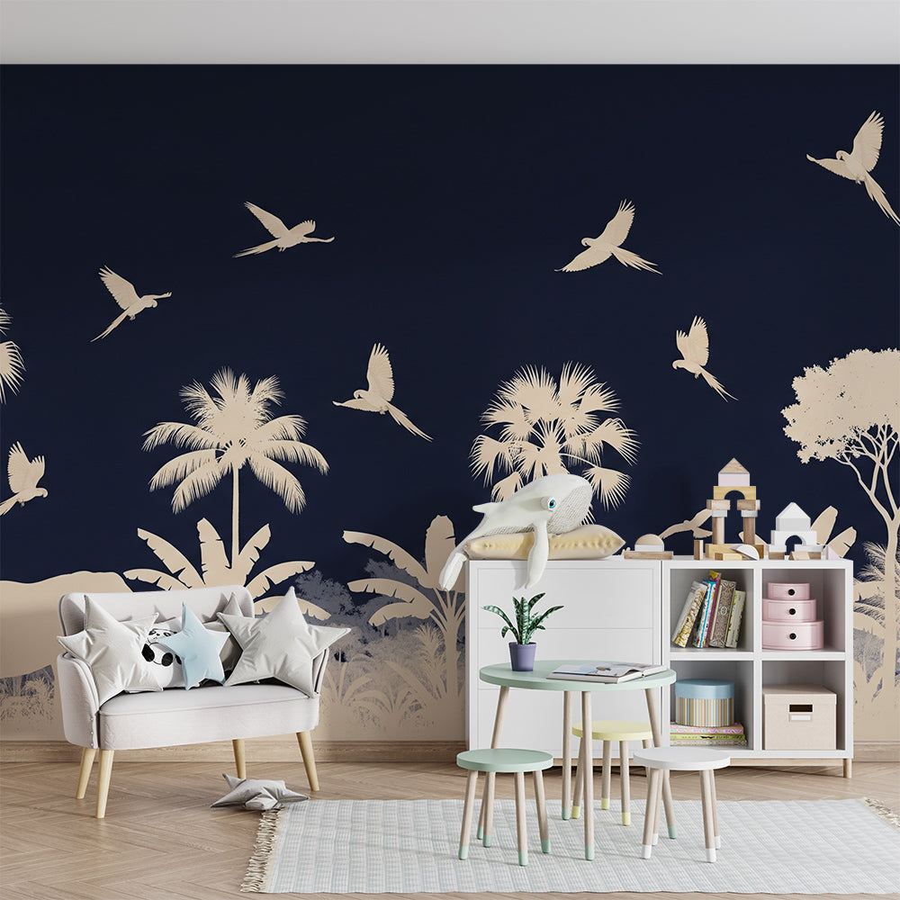 Kids-Mundo safari silhouette wall mural featuring palm trees and birds in a child's bedroom