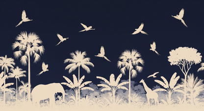 Kids-Mundo flat artwork of navy safari silhouette design with elephant, giraffe and flying birds