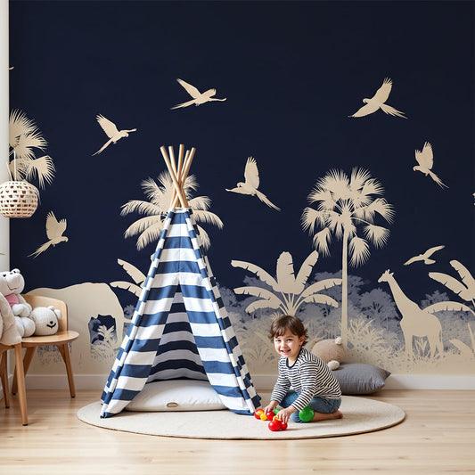 Kids-Mundo navy safari wall mural with elephant and giraffe silhouettes styled in a calm nursery