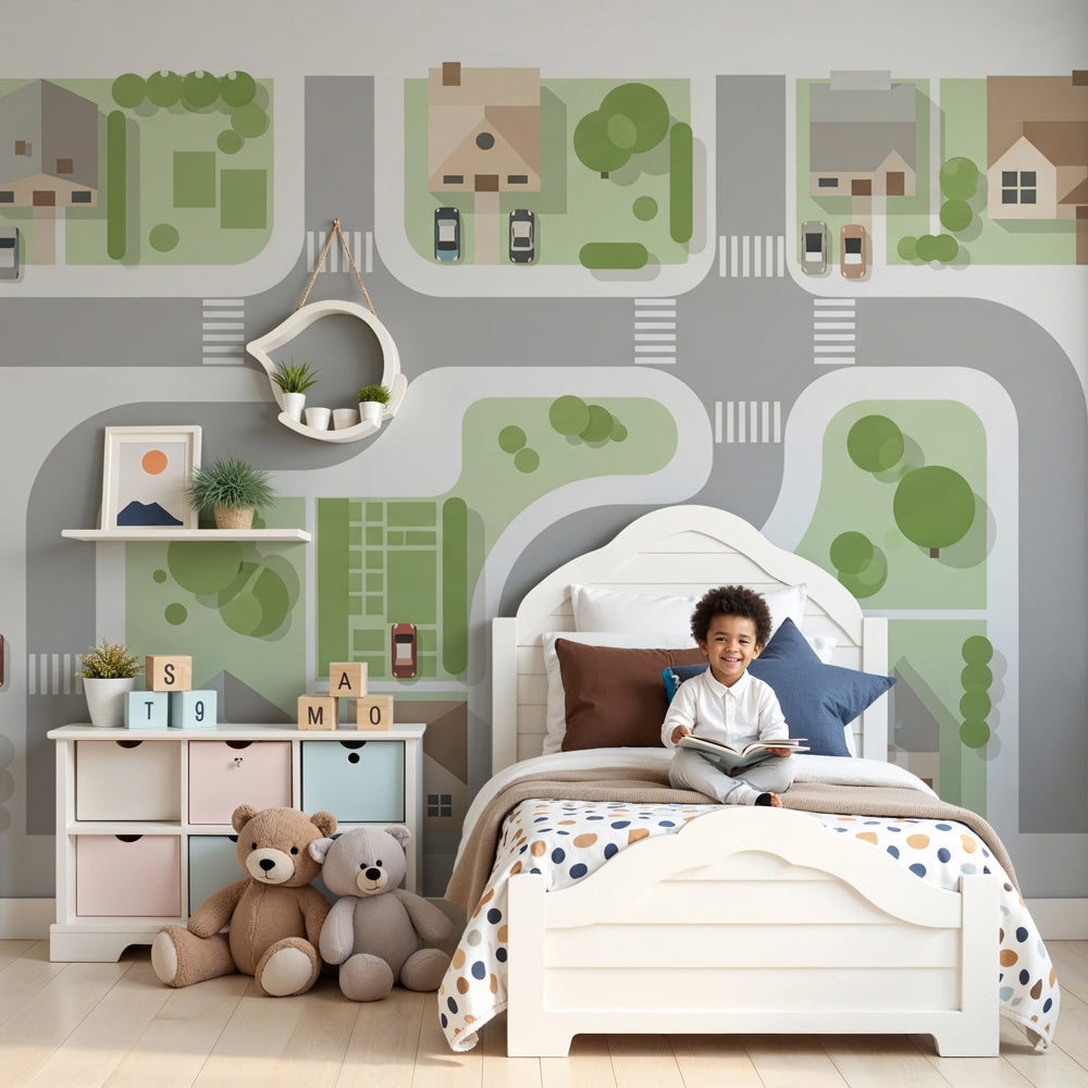 Colorful neighborhood mural wallpaper with charming houses in modern kids bedroom by Kids-Mundo
