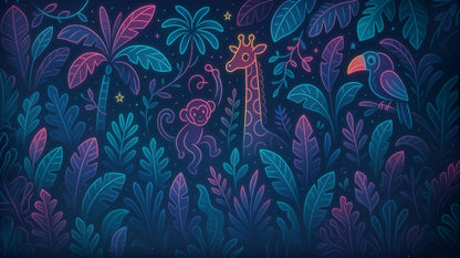 Kids-Mundo flat artwork of a neon giraffe, monkey and toucan glowing in a starry night jungle.