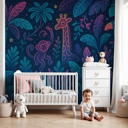 Kids-Mundo neon giraffe jungle wall mural styled in a nursery, glowing giraffe on a starry dark wall.