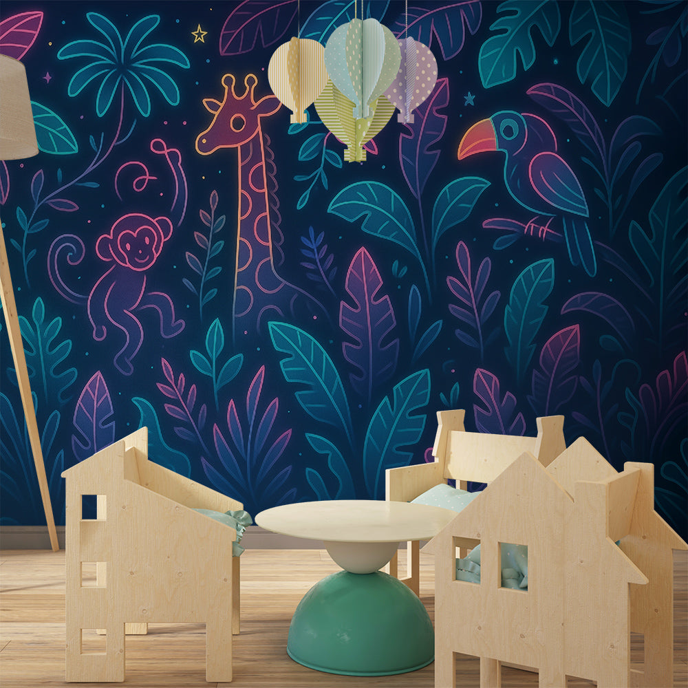 Kids-Mundo neon giraffe jungle mural in a playroom, glowing monkey and toucan among dark leaves.