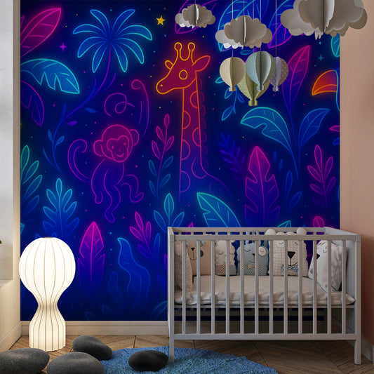 Kids-Mundo neon jungle wall mural in a kids' bedroom, bright pink and blue animal outlines on the wall.