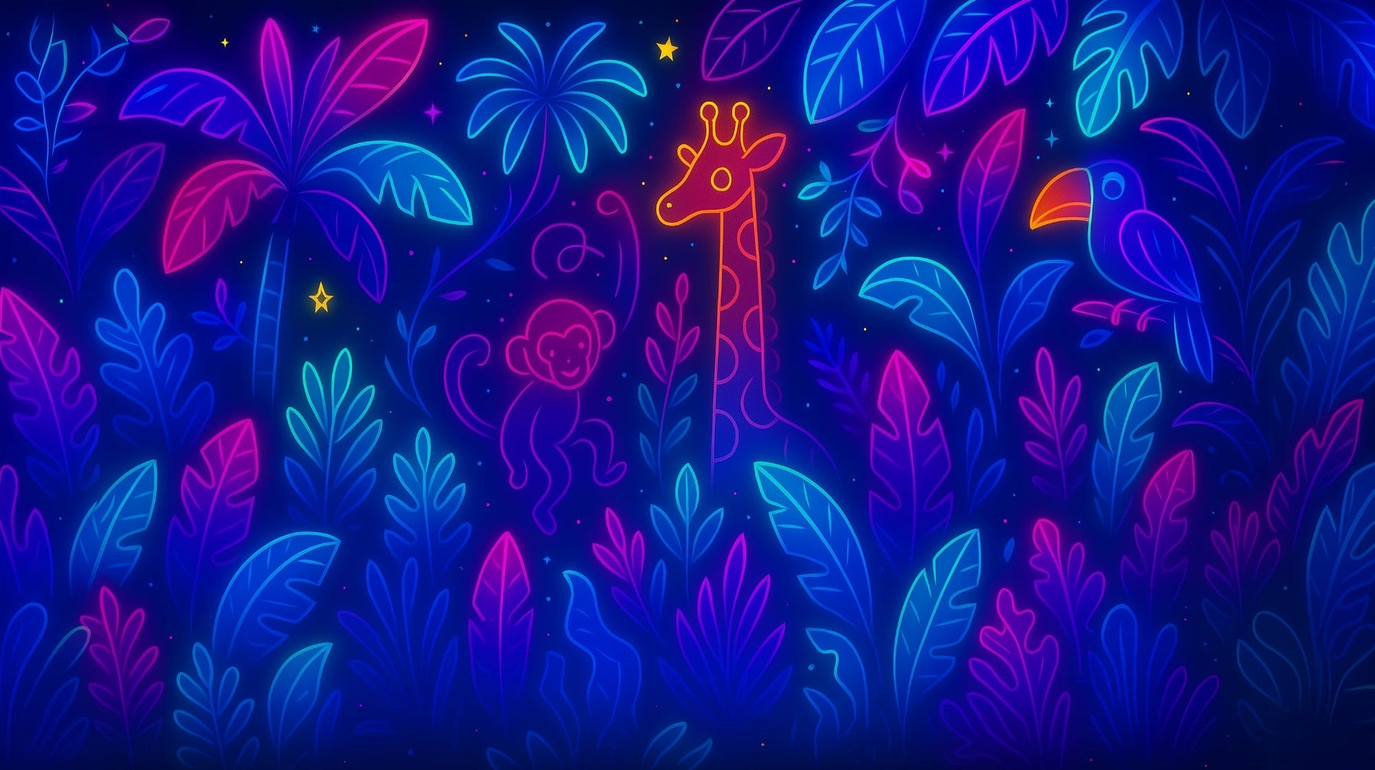Kids-Mundo flat artwork of a neon monkey, giraffe and toucan glowing against a dark jungle background.