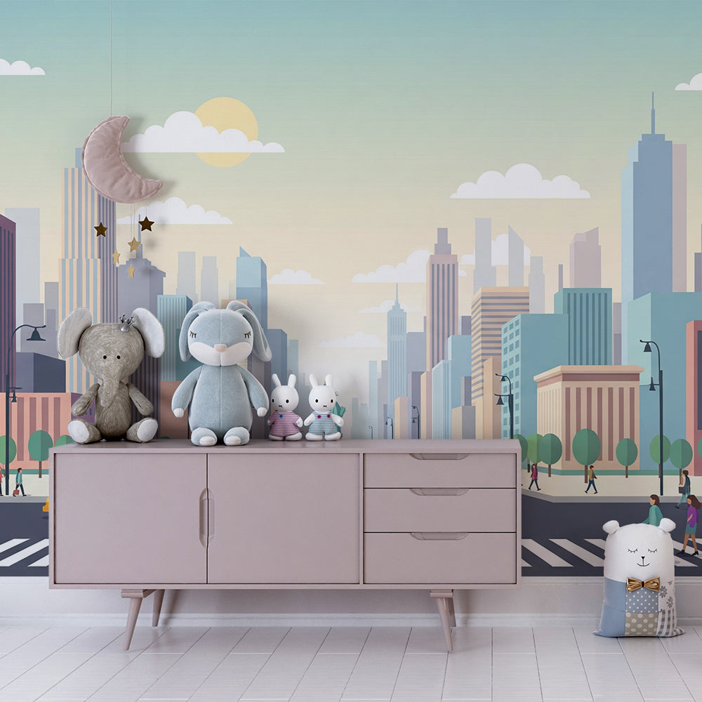 City street wall mural from Kids-Mundo brightening a playful children's playroom