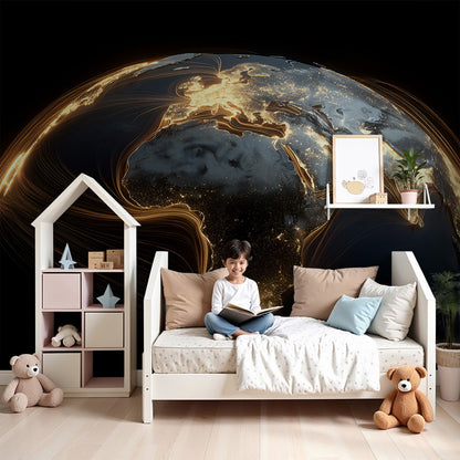 Kids-Mundo glowing night Earth world map wall mural above a bed in a child's nursery