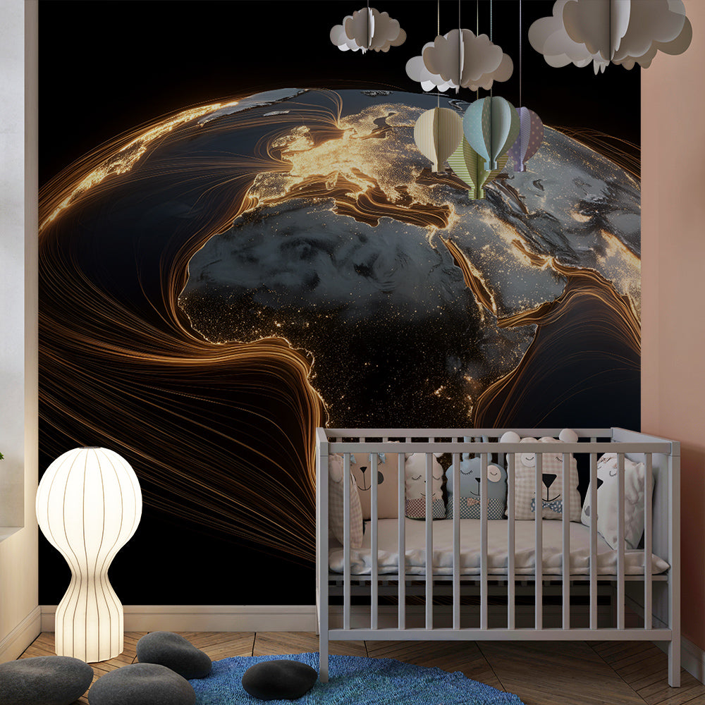 Kids-Mundo glowing world map mural with golden light trails in a children's playroom