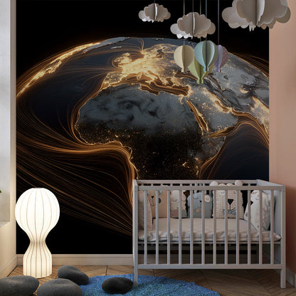 Kids-Mundo glowing world map mural with golden light trails in a children's playroom