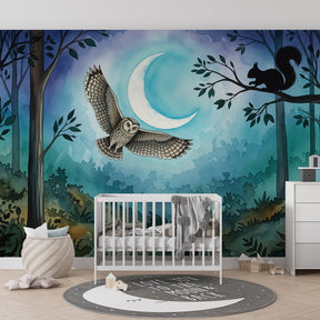 Woodland night scene wallpaper creating magical atmosphere in children's bedroom