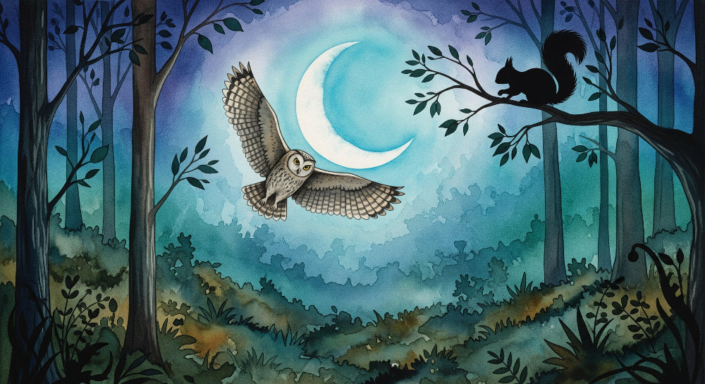 Detailed night forest mural wallpaper design pattern with owl and squirrel by Kids-Mundo