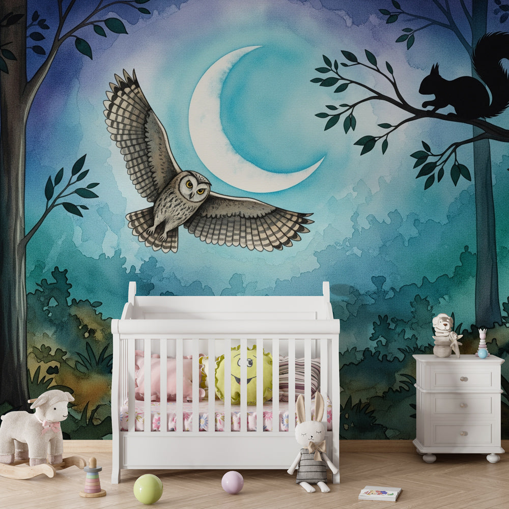 Peaceful owl and squirrel forest wallpaper transforming toddler room into woodland sanctuary