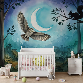 Peaceful owl and squirrel forest wallpaper transforming toddler room into woodland sanctuary