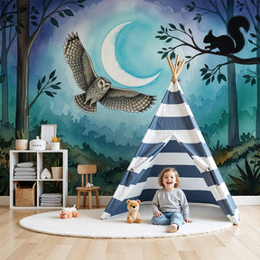 Night forest mural wallpaper with owl and squirrel in modern nursery by Kids-Mundo