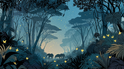 Kids-Mundo flat artwork of two elephants walking through a glowing night jungle