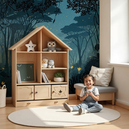 Kids-Mundo night jungle elephant wall mural with glowing fireflies in a nursery