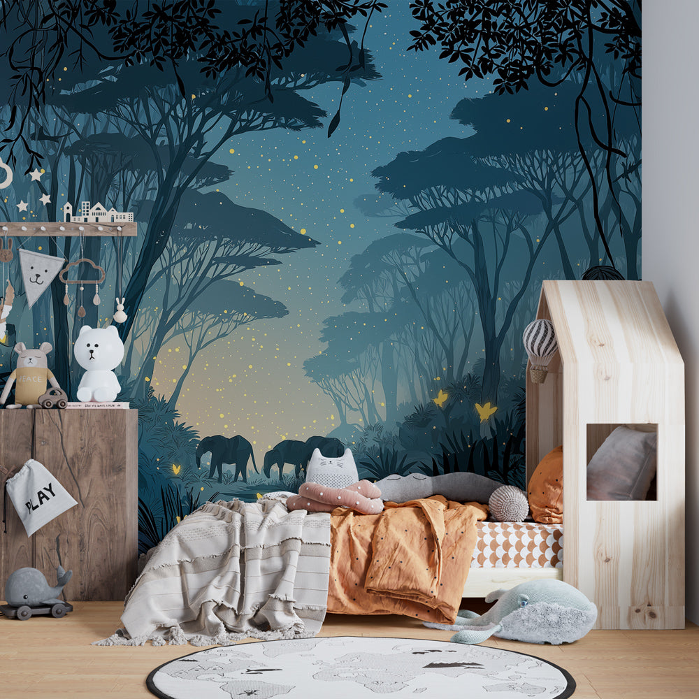 Kids-Mundo elephant and firefly wall mural bringing night magic to a playroom