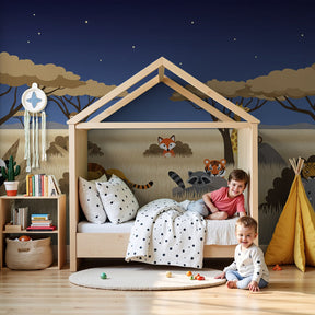 Nighttime safari mural wallpaper with friendly animals in modern nursery by Kids-Mundo