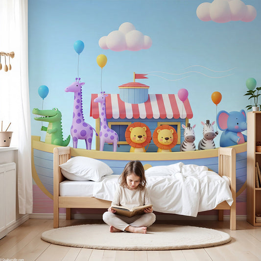 Kids-Mundo Noah's Ark animal wall mural made to measure in a pastel baby nursery room