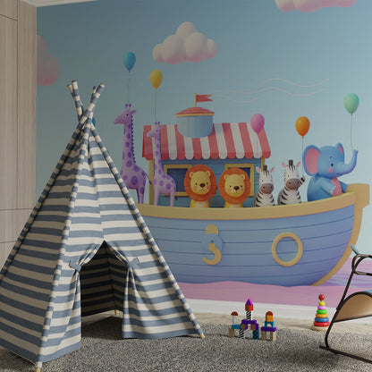 Kids-Mundo Noah's Ark wall mural made to measure, styled on a bright playroom wall today
