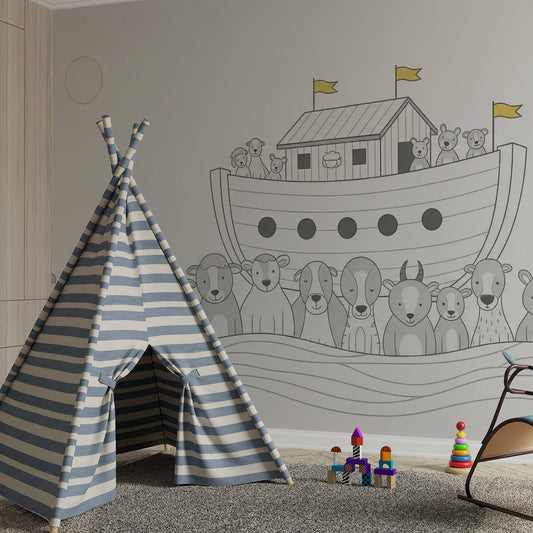 Kids-Mundo Noah's Ark animals wall mural styled in a calm baby's bedroom setting