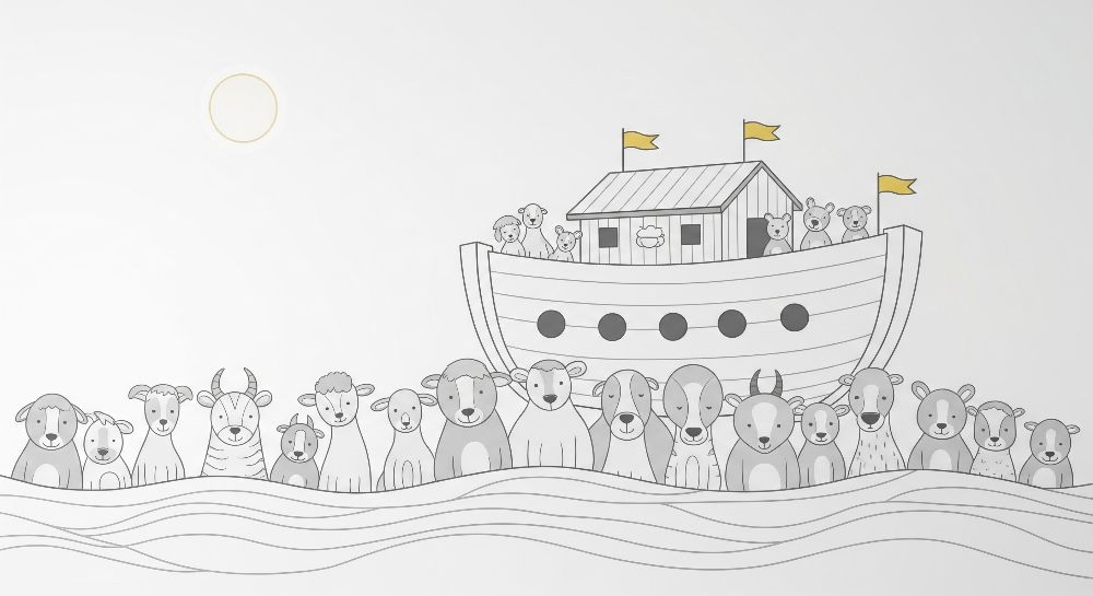 Kids-Mundo Noah's Ark wall mural flat artwork showing line-drawn animals and boat