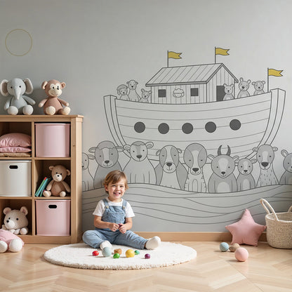 Kids-Mundo Noah's Ark wall mural in a soft grey nursery with white cot and rug