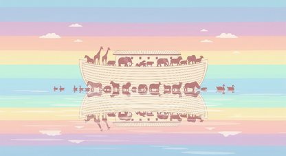 Kids-Mundo flat artwork of Noah's Ark and animals reflected on water under rainbow stripes.