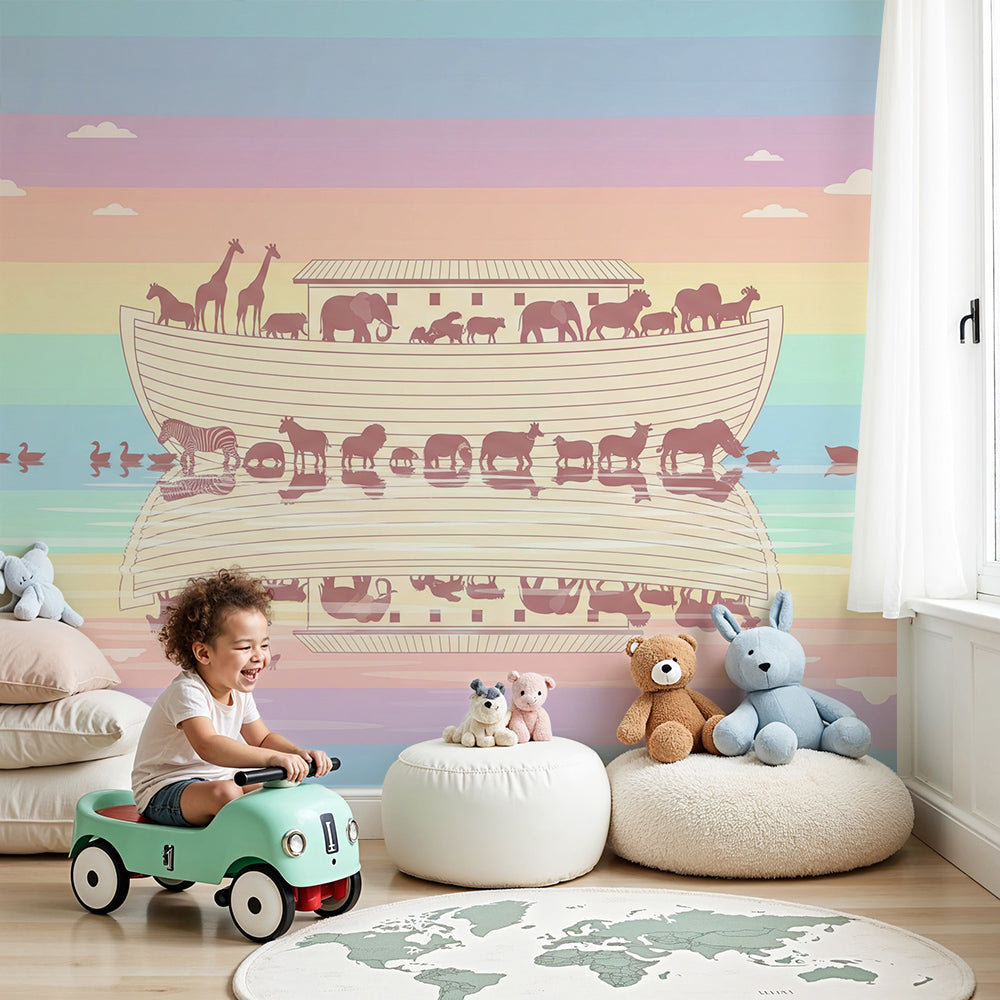 Kids-Mundo Noah's Ark animal wall mural styled in a soft pastel nursery above the cot.