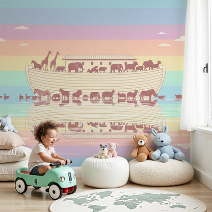 Kids-Mundo Noah's Ark animal wall mural styled in a soft pastel nursery above the cot.