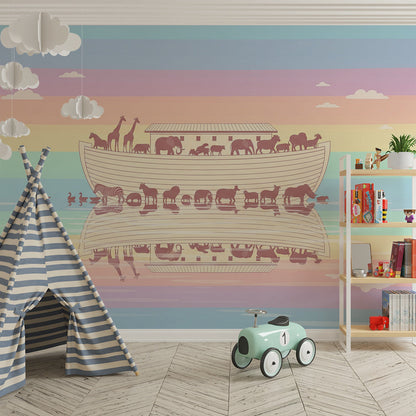 Kids-Mundo Noah's Ark animal wall mural filling a playroom with rainbow stripes and animals.
