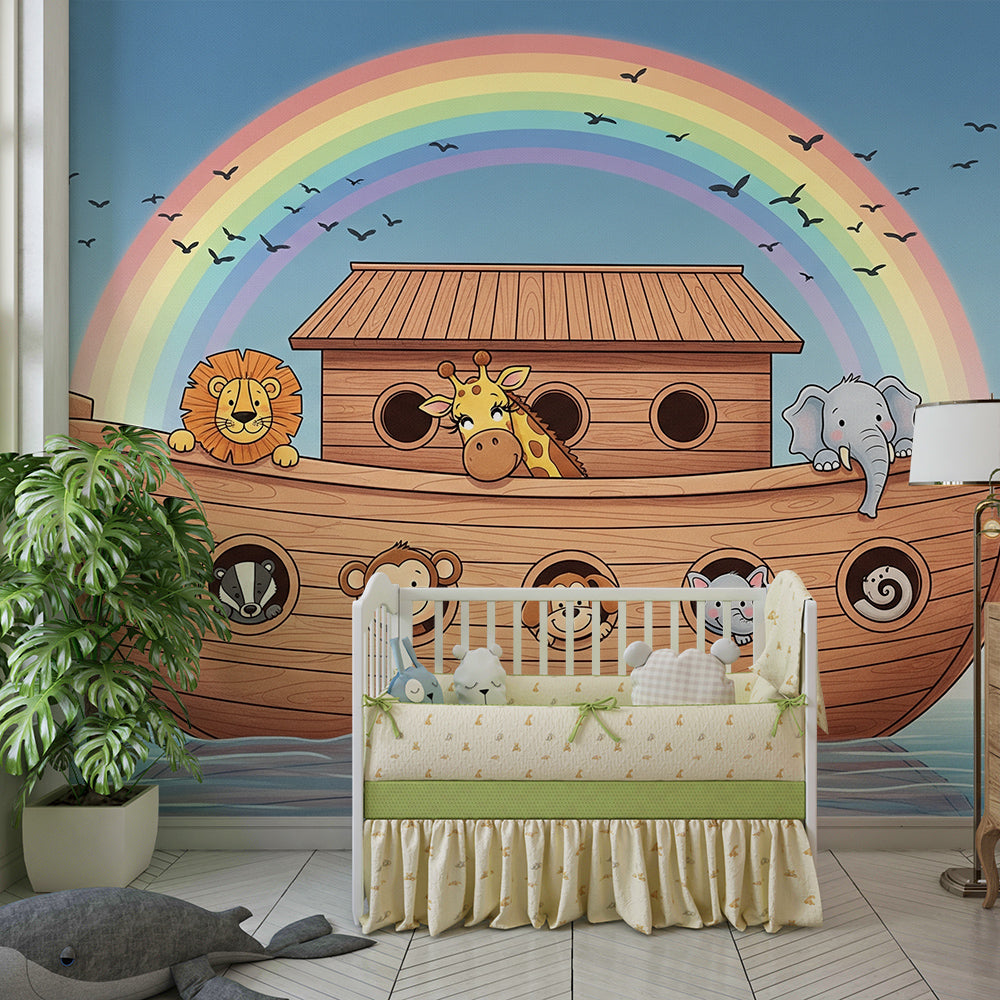 Kids-Mundo rainbow ark animal mural fitted made to measure on a child's bedroom wall.