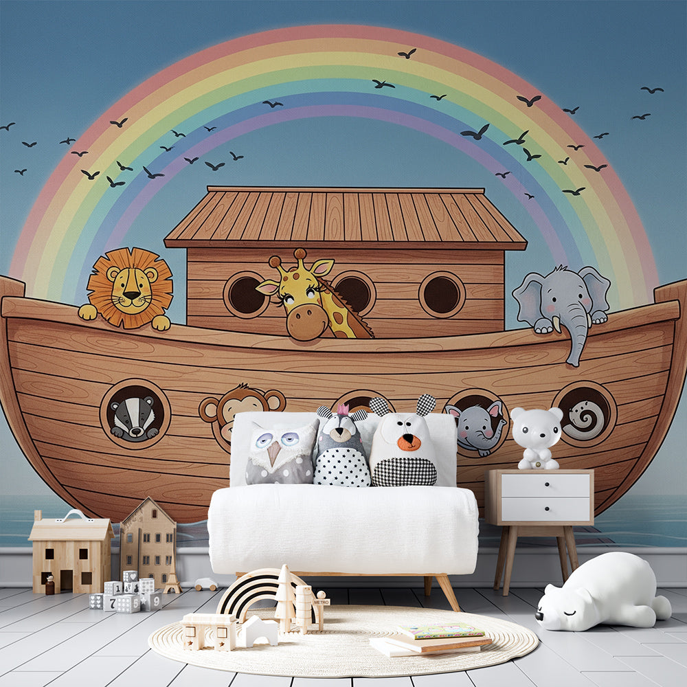 Kids-Mundo Noah's ark and rainbow wall mural with animal friends in a playroom setting.