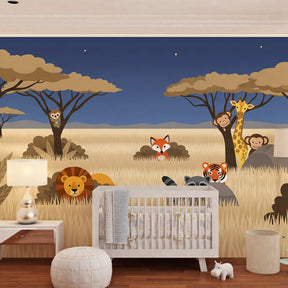 Nocturnal safari mural wallpaper featuring starlit savanna scene in children's playroom