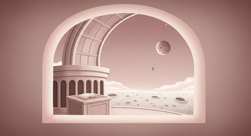 Kids-Mundo flat artwork of a domed observatory looking out over a cratered moon and distant planet