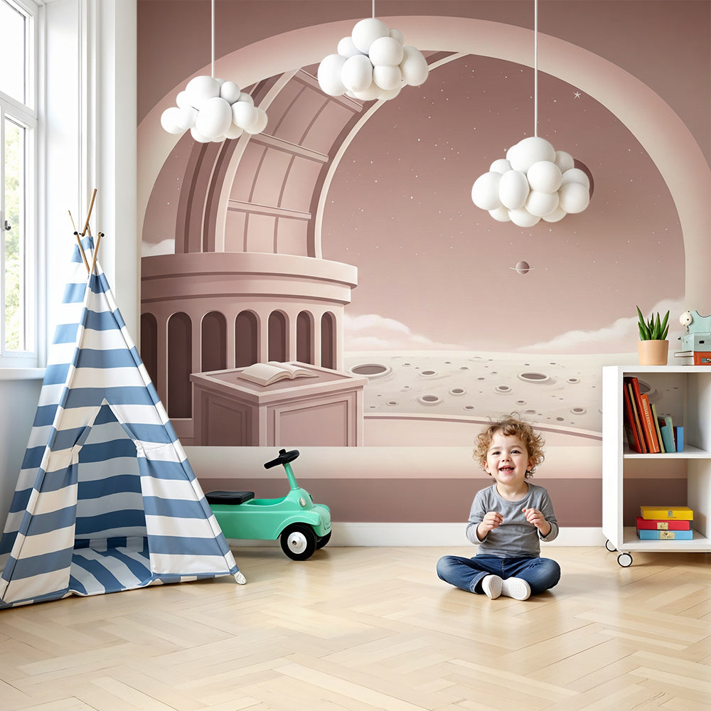 Kids-Mundo observatory moonscape wall mural styled softly in a calm baby nursery
