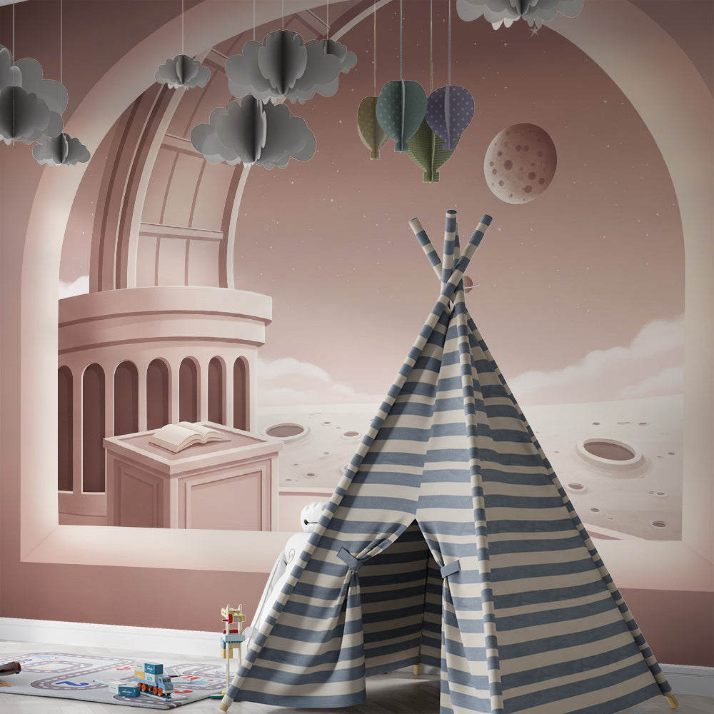 Kids-Mundo telescope and moonscape mural brightening a curious children's playroom